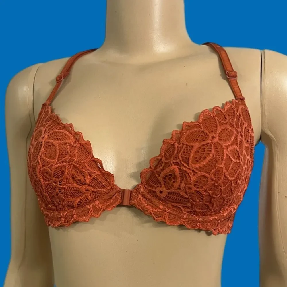 Victoria’s Secret Pink Date Racerback sexy unlined floral lace bra clay 34B